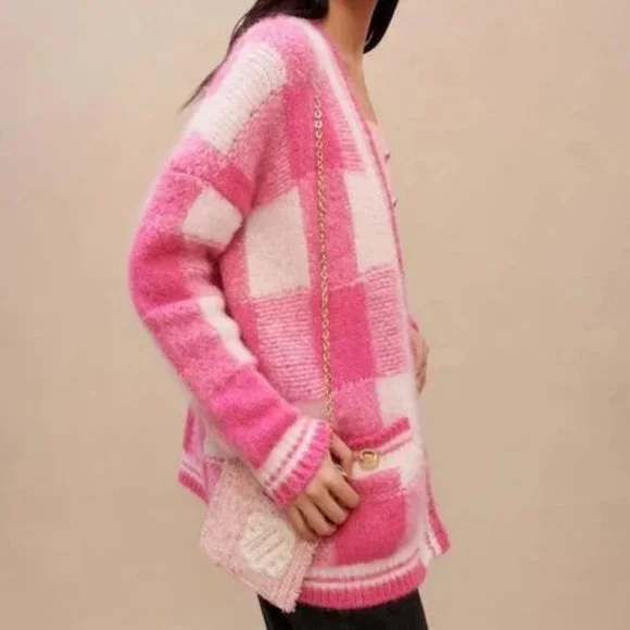 Maje My Square Checkered Jacquard Cardigan in pink size 1/ Small